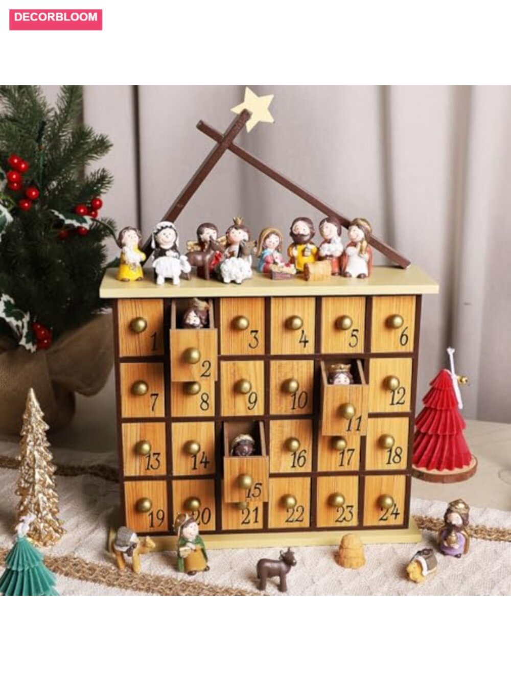 Wooden Nativity Advent Calendar 24 Drawers & 24 Resin Figures Christmas Décor